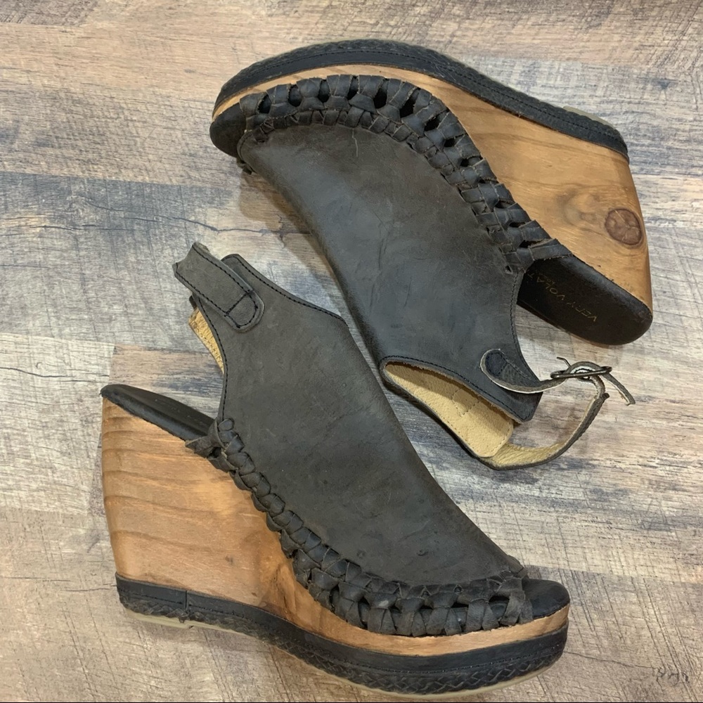 Very Volatile Absolute Slingback Wooden Wedge Sandal Woven Leather